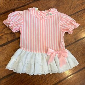 Vtg baby girl dress size 12 months pink white lace stripes USA made cottage core